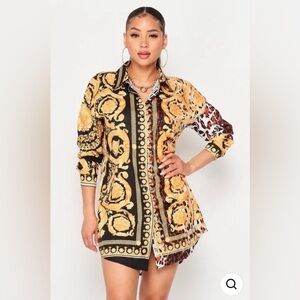Baroque Print Retro 70”s Shirt Mini Dress Long Sleeve Women’s Size S